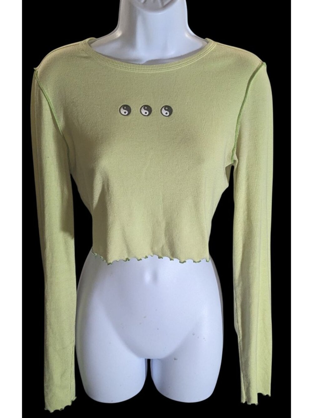 Forever 21 Yin Yang Top Yellow Lettuce Edge 90s Long Sleeve